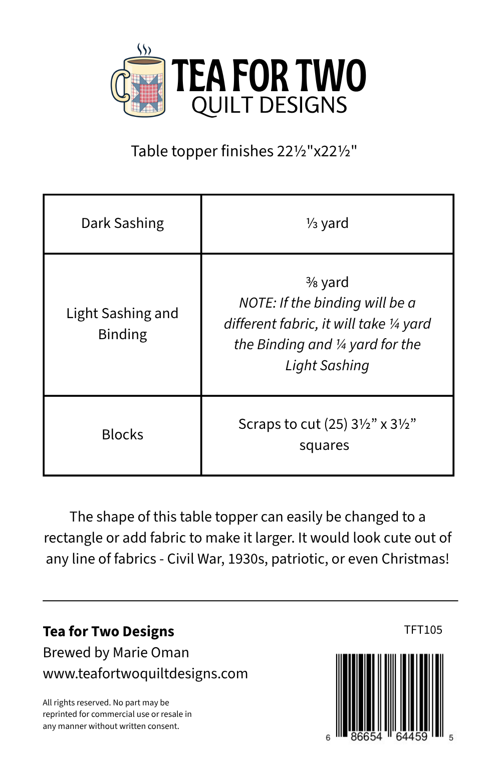 Crossroads Table Topper Pattern by Tea for Two Designs